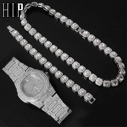 12MM Prong Tennis Necklace +Baguette Watch+Bracelet Hip Hop Chain Iced Out  Rhinestones